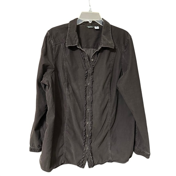 Eddie Bauer Tops - Eddie Bauer Womens Brown 2X Corduroy Ruffle Button Down Shirt Regency Core‎